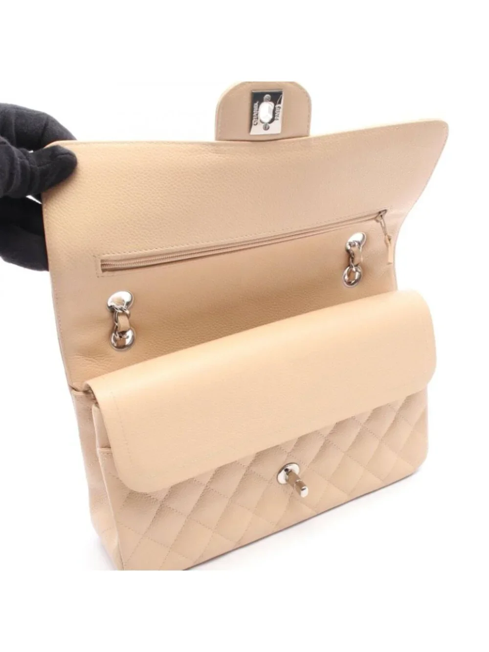 Chanel Shoulder Bag Quilted Double Flap Beige Caviar Leather Chain